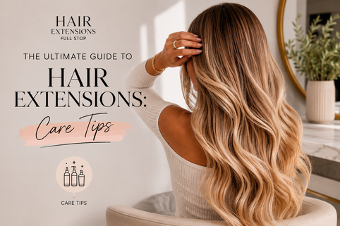 Woman with long blonde hair extensions showcasing healthy, voluminous hair in a hair extensions care tips guide.