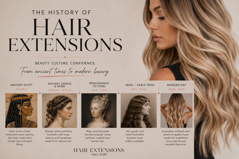 Timeline showing the history of hair extensions from Ancient Egypt to modern-day methods, featuring the evolution of wigs, weaves, and human hair extensions.